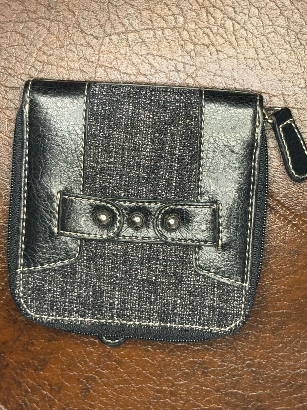 Compact Women's Black Wallet with Textured Fabric and Faux Leather Trim